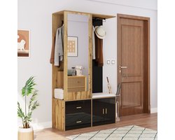 Halmeubelset - Met Spiegel Schoenenkast Schoenbank En Haken - MDF - Zwart Houtkleur