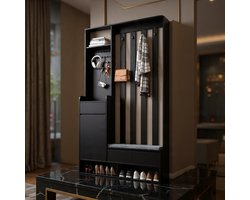 Halmeubelset - Moderne Halgarderobe met Gevoerde Opbergbank, Schoenenkast met Steekbord en 4 Haken - Complete Entree Organizer 100x35x180 cm - Zwart, Teak Zwart of Wit - Casa Serena