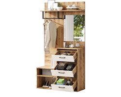 Halmeubelset wit en naturel hout – 100 x 38,5 x 190 cm – Met spiegel, schoenenbank, 2 kasten en 1 lade