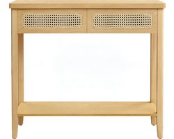 Haltafel bijzettafel 30×100×80cm beige met 2 lades+open plank+afgeronde hoeken Boheemse stijl Stevig en duurzaam Multifunctioneel voor slaapkamer/woonkamer/hal/studeerkamer/eetkamer