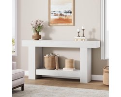 Haltafel - Bijzettafel - Bijzettafel in landelijke stijl van 160 cm lang - Lange bijzettafel met twee planken en opbergruimte - Witte bijzettafel - Geschikt voor de woonkamer, hal en gang - 160 × 80 × 30 cm