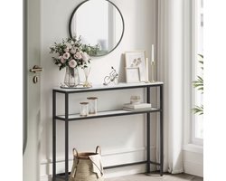 Haltafel met 2 Niveaus - 120 x 20 x 80 cm – Smalle Sidetable voor Woonkamer & Slaapkamer – Rustic Brown/Ink Black of White Marble/Ink Black