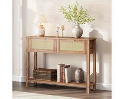 Haltafel – Sidetable – Console Tafel – Sofa Tafel – Rattan Bijzettafel – Boho Design – 2 Laden – Caramel Eikenhout