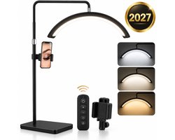 Halve Maan LED Lamp - Beautysalon lamp - Lash Lamp - Make Up Lamp - Salon Lamp - Stevig En Stabiel - Inclusief Telefoon Houder & Afstandsbediening - Zwart