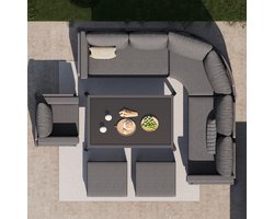 Halvemaanvormige tuinset voor 8 personen / Robuust ijzeren frame met grijze kussens / Compleet met glazen tafel, 1 fauteuil & 2 taboerets / Weerbestendige terrasmeubelen voor balkon