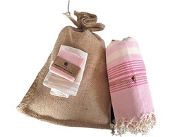Hamam Sauna Handdoek Cadeauset Gestreept Roze