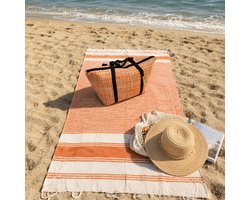 Hamamdoek en Gerecyclede Strandtas met Rits - Strandlaken - Saunalaken - Badhanddoek - Badlaken - Strandhanddoek 75 x 160 cm - Wasbaar op 30 °C - 100% Gerecycled Katoen - Oranje
