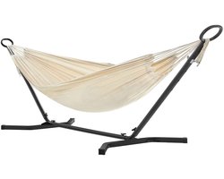 Hammock met frame 300x90x95cm zwarte frame + crèmekleurige hammock 5 standen verstelbare hoogte ademende katoen-polyester stof draagbare opslag eenvoudig te installeren draagcapaciteit 240 kg modern minimalistisch