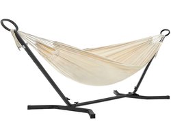 Hammock met frame 5 standen verstelbare hoogte draagbare duurzaam stevig metaalframe draagcapaciteit 240 kg modern minimalistisch trendy ontwerp eenvoudig te installeren terras tuin hof geschikt 300x90x95 cm zwarte frame + crèmekleurige hammock