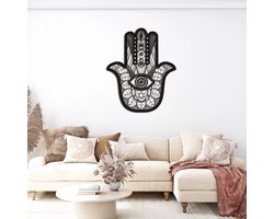 Hamsa modern deco muurdecoratie - detailed - Wanddecoratie - Zwart - Houten art - Muurdecoratie - Line art - Wall art - Bohemian - Wandborden - Woonkamer - 60x50 cm - kerst - kerstcadeau - wandecoratie woonkamer - kerstgeschenk