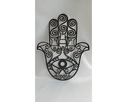 Hamsa modern deco muurdecoratie - minimal - Wanddecoratie - Zwart - Houten art - Muurdecoratie - Line art - Wall art - Bohemian - Wandborden - Woonkamer - 60x50 cm - kerst - kerstcadeau - wandecoratie woonkamer - kerstgeschenk