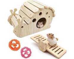 Hamsterhuis van hout in slakkenvorm, wip voor kleine dieren van hout met kikkerdesign, 2 stuks luffa knaaghulpmiddel, knaagdierhuis met bezigingswip en kauwartikelen voor hamsters, germuis