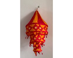Hand made Traditional Pipli Hanging Cotton Lantern/ Lamp shade with Embroidered Mirror Work from Odisha (Multicolor) Red & Orange