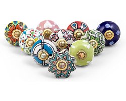 Handbeschilderde keramische knoppen voor kasten, dressoirs, lades en meubels - antieke boho kasttrekkers (set van 10, multicolor)