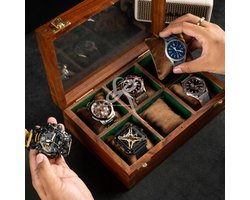 Handcrafted Houten Horloge Display Case voor 6 Stuks - Elegante Kist met Glazen Deksels en Zachte Velours Interieur - Perfecte Cadeau voor Vaderdag