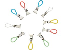 Handdoek Ophangclips - 10 Stuks - TheedoekHaakjes - Handdoekclips met Lussen - Metaal - Handdoekhaak - Houders - Ophangen - Voor Keuken/Badkamer/ Balkon/Kasten - 5*1.5cm - Wit, Blauw, Geel, Groen, Rood