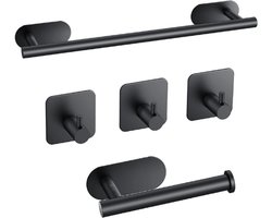 Handdoek Rail Set - Roestvrij Staal - Badkameraccessoires - 40cm Zelfklevende Handdoekhouder - Toiletrolhouder & 3 Haken - Zwart