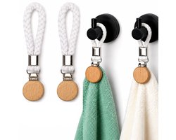 Handdoekclips met Koord – 2 Stuks – RVS Handdoekklemmen – Witte Katoenen Ophanglus – Handdoekhouder voor Badkamer, Keuken & Toilet