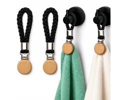 Handdoekclips met Koord – 2 Stuks – RVS Handdoekklemmen – Zwarte Katoenen Ophanglus – Handdoekhouder voor Badkamer, Keuken & Toilet