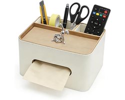 Handdoekdoos met 2 Compartimenten van PU Leer voor Huishoudelijk en Kantoor Gebruik - Multifunctionele Tissue Dispenser met Externe Opbergruimte en Plank voor Cosmetische Handdoeken