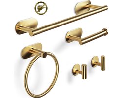 Handdoekenrek Set 5 Stuks Badkamer Hardware Set Handdoekrails Handdoekring Toiletpapierhouder 2 Handdoekhaak Geen Boren Nodig Wandmontage Zelfklevend Badkameraccessoires (Goud)