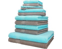Handdoekenset, 12-delig, 100% katoen, 2 ligdoekjes, 4 handdoeken, 2 gastendoekjes, 2 washandjes, kleur steen en turquoise