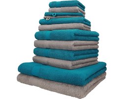 Handdoekenset, 12-delig, 100% katoen, 2 lighanddoeken, 4 handdoeken, 2 gastendoekjes, 2 zeepdoekjes, 2 washandjes, kleur petrol en steen
