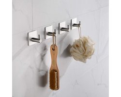 Handdoekhaakjes 4 Set Zonder Boren - RVS -  Zilver - Vierkant Zelfklevend - Badjas Theedoek Hanger Keuken Badkamer Handdoek Haakjes