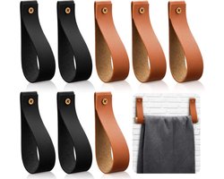 Handdoekhaakjes - 8 Stuks - Leren Handdoekhouder - Handdoekhaak - Handdoeklus - Ophanghaken - Gordijnstanghouder - Keukenhouder - Badkamer - Vaste Roede - Voor Keuken En Badkamer - Zwart En Bruin