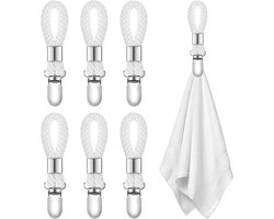 Handdoekhaakjes - Handdoekclips - Metal Klemclip voor Theedoek en Handdoek - Met Gevlochten Katoenen Lus - Voor Keuken en Badkamer - 6 Stuks - Wit