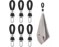 Handdoekhaakjes - Handdoekclips - Metal Klemclip voor Theedoek en Handdoek - Met Gevlochten Katoenen Lus - Voor Keuken en Badkamer - 6 Stuks - Zwart
