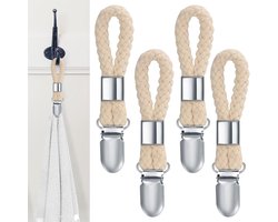 Handdoekhaakjes - Handdoekclips - Ophanghaakjes - Theedoek Ophanghaak - voor keuken, badkamer, balkon, kasten - RVS - Beige katoenen touw - 4 Stuks