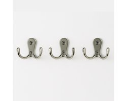 Handdoekhaakjes - Wandhaak 3 Stuks - Kapstokhaak - Handdoek haakjes - Jashaak - Dubbel - Metaal - Zilver