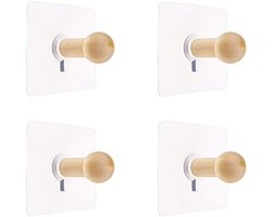 Handdoekhaakjes Zelfklevend - 4 Handdoek Haakjes - Houten Kapstokhaken - Kapstok haakjes