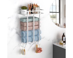 Handdoekhouder badkamer met 4 haken, handdoekhouder voor het opbergen van badhanddoeken, handdoekhouder muur, handdoekhouder wit voor badkamer, camper, sauna's enz.
