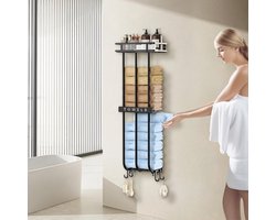Handdoekhouder met opbergplank, badkamer handdoekhouder, wandhanddoekhouder, gasthanddoekhouder, zwarte handdoekhouder, handdoekhouder met 4 haken, handdoekhouder geschikt voor badkamers en sauna's.