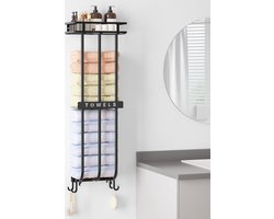 Handdoekhouder met opbergplank, badkamer handdoekhouder, wandhanddoekhouder, gasthanddoekhouder, zwarte handdoekhouder, handdoekhouder met 4 haken, handdoekhouder geschikt voor badkamers en sauna's.