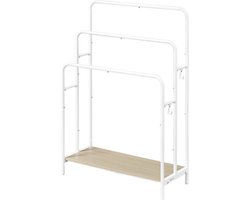 Handdoekhouder met Plank - handdoekenrek 2 haken - Staand handdoekenrek- badkamer Handdoekstang hout en metaal - Wit