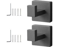 Handdoekhouder set van 2 - RVS handdoekhaken voor badkamer, keuken en slaapkamer - Grijze vierkante haken - Boren vereist