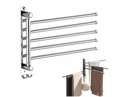 Handdoekhouder voor in de badkamer - Draaibaar handdoekrek van roestvrij staal 304 - 5 stangen - Opbergrek voor in de badkamer - Boren vereist - Geschikt voor keuken, badkamer, slaapkamer - Zilver