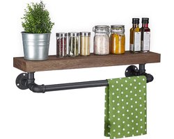 Handdoekhouder – wandrek - industrieel design – met plank - hout & metaal - keuken - hal - 14x61x18 cm - bruin - zwart