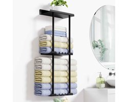 Handdoekhouder Zonder Boren – 3-laags Badrek met 6 Haken – Zelfklevend, Roestvrij & Mat Zwart – Wandmontage voor Badkamer, Keuken of Gastenkamer – Compact & Ruimtebesparend