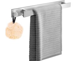Handdoekhouder zonder boren, roestvrijstalen handdoekstang, 40 cm, gastendoekjesstang met haken, badhanddoekhouder, zelfklevend, voor gladde oppervlakken zoals tegels, hout, metaal, marmer, glas en