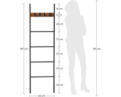 handdoekladder, handdoekrek, ladderrek, aanleunrek met 5 niveaus, 44 x 160 cm, ruimtebesparend, metalen frame, 4 haken, industriële stijl, vintage bruin-zwart