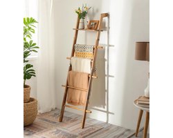 Handdoekladder Hout - Decoratieve Ladder - Orde Creëren - Met Plank Haken - 170 cm Hoog - Bruin