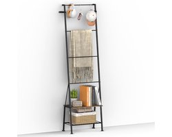 Handdoekladder met plank - Vrijstaande ladder - Badkamer opbergen - Hout en metaal - 150 cm - Bruin