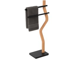 Handdoekrek badkamer - 2 stangen - staand - hout - metaal - zwart