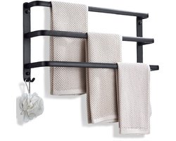 Handdoekrek - Handdoekrek Badkamer - Handdoekhouder - Handdoekrek Zwart - 3 laags - Handdoekenrek Badkamer - Zelfklevend of Boren - Mat Zwart - 60 CM - Handdoekenrek - Handdoekstang - Badkamerrek - Handdoekrek Zonder Boren - Handdoekenrek Zwart
