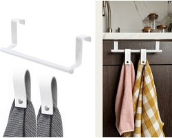 Handdoekstang over keukenkastdeur - 23cm Wit + 2x leren magneet-lus - Voor 2 handdoekjes - inclusief nano plakstrips / handdoekrek keukenkast - deurhaak