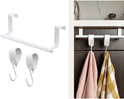 Handdoekstang over keukenkastdeur - 23cm Wit + 2x leren S-haak hanger - Voor 2 handdoekjes - inclusief nano plakstrips / handdoekrek keukenkast - deurhaak